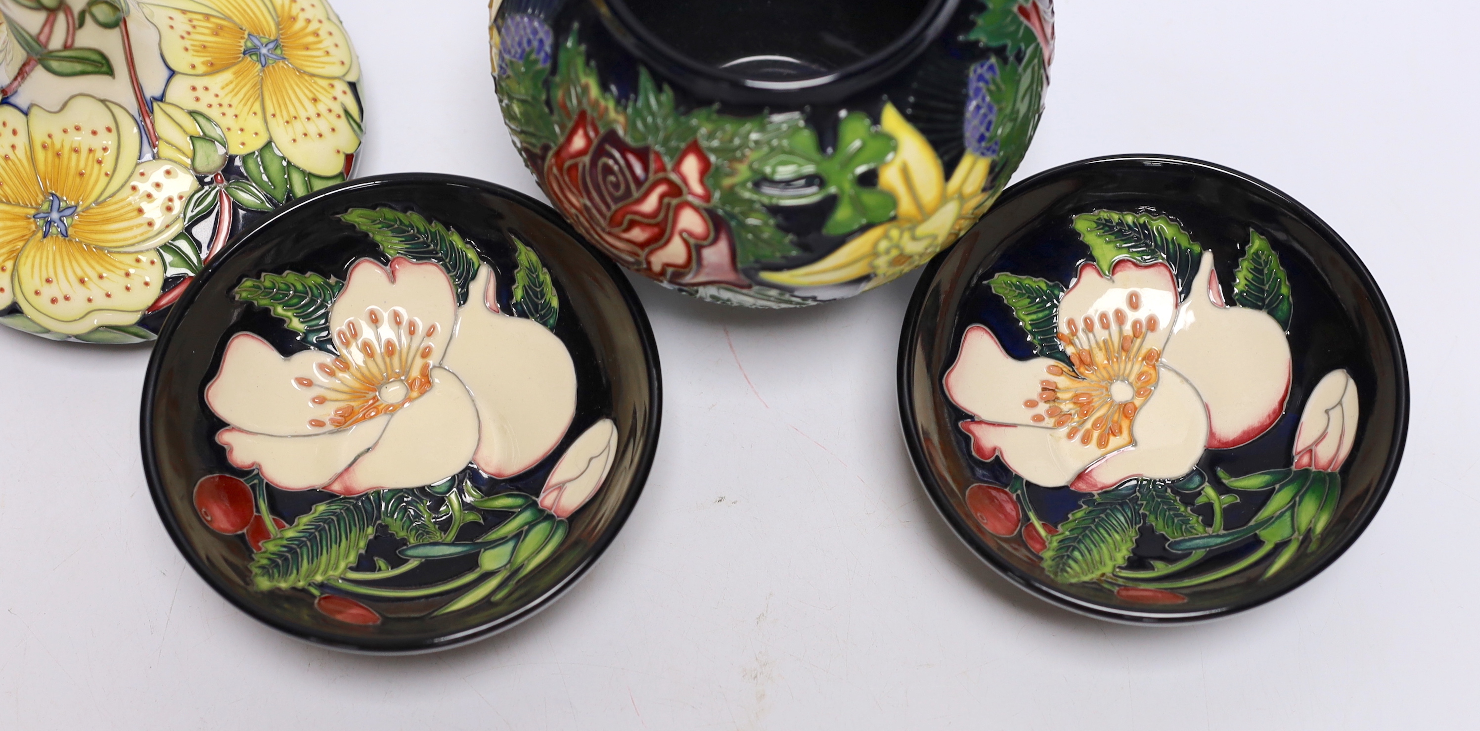 Two modern Moorcroft vases and two small bowls, tallest 16cm